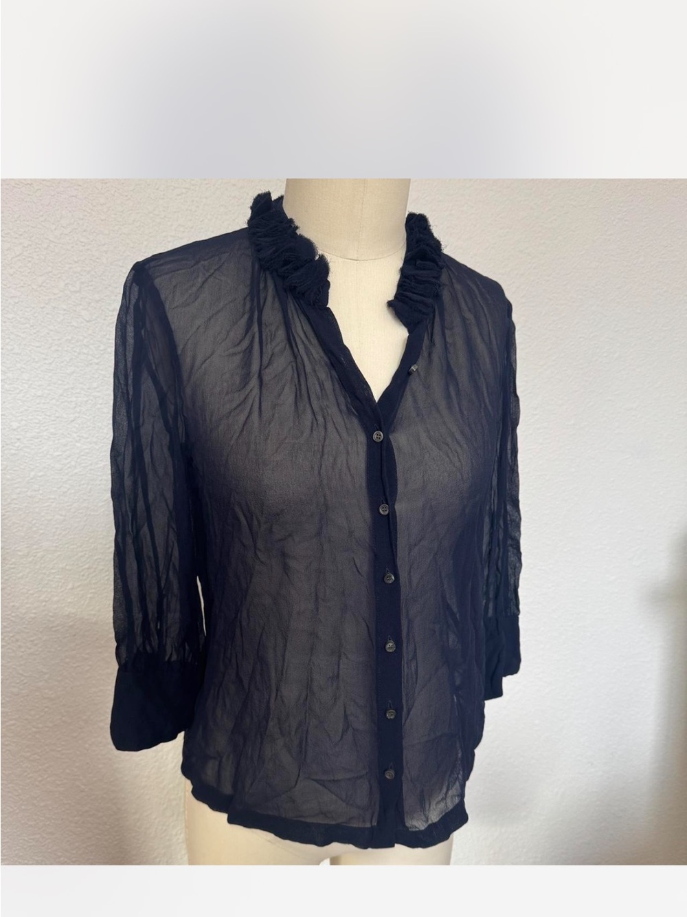 Navy Sheer Button-Front Ruffle Collar Blouse - Picture 2 of 3